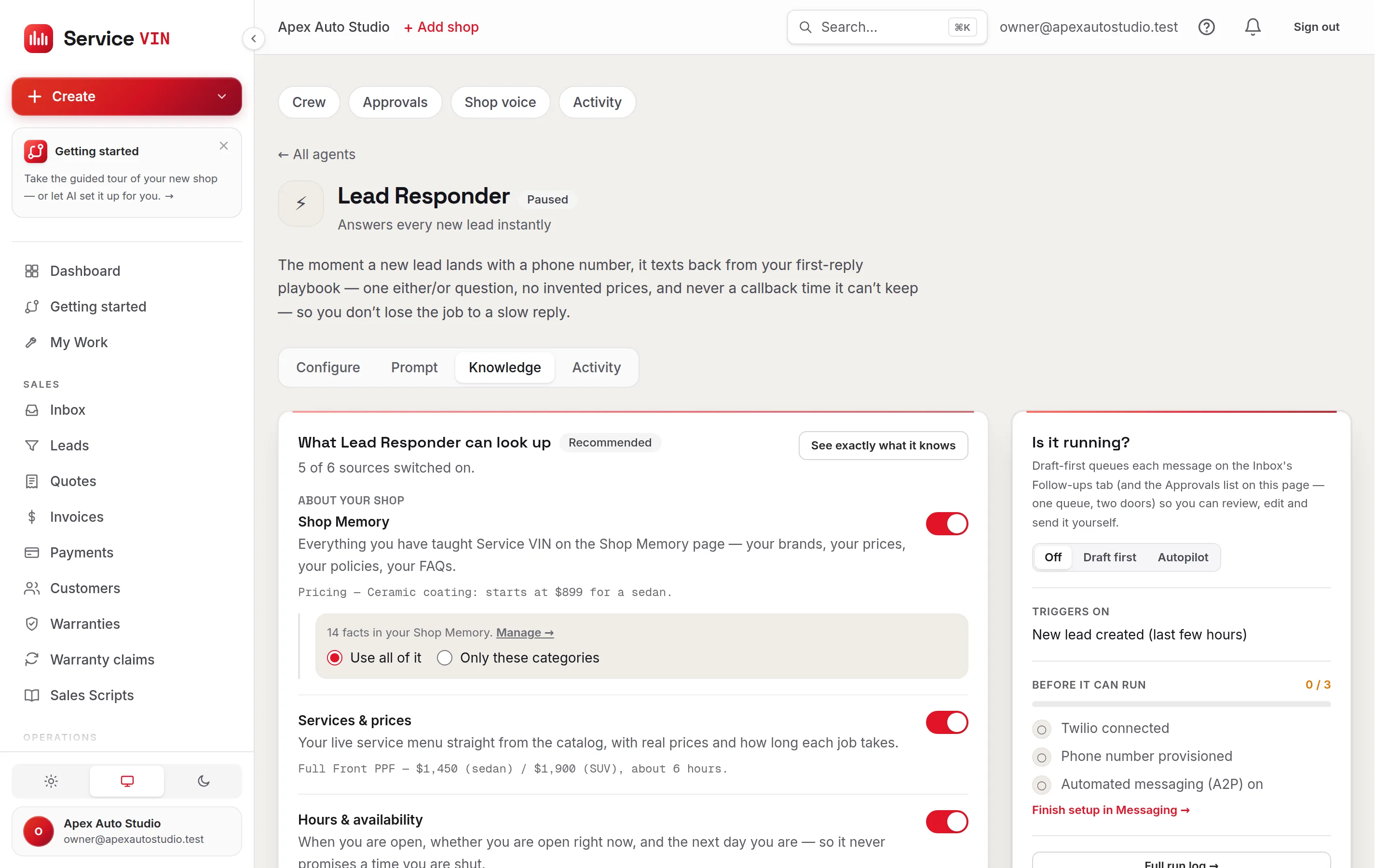 An agent's Knowledge tab: switches for Shop Memory, services and prices, hours, booking rules, the star rating and the customer's own record, each showing the literal line the agent receives