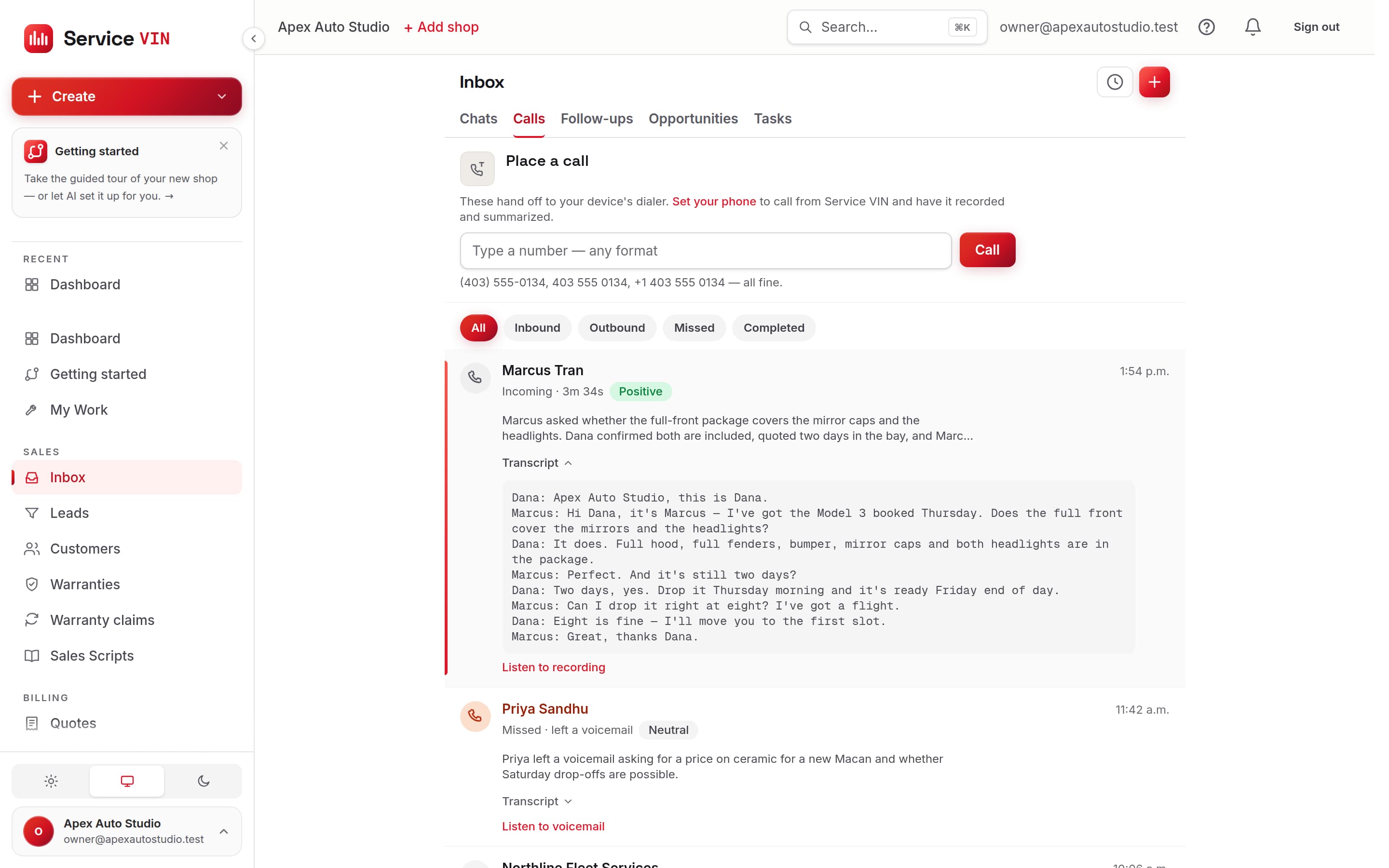 The call log with an inbound call's summary and its transcript expanded, a missed call below it