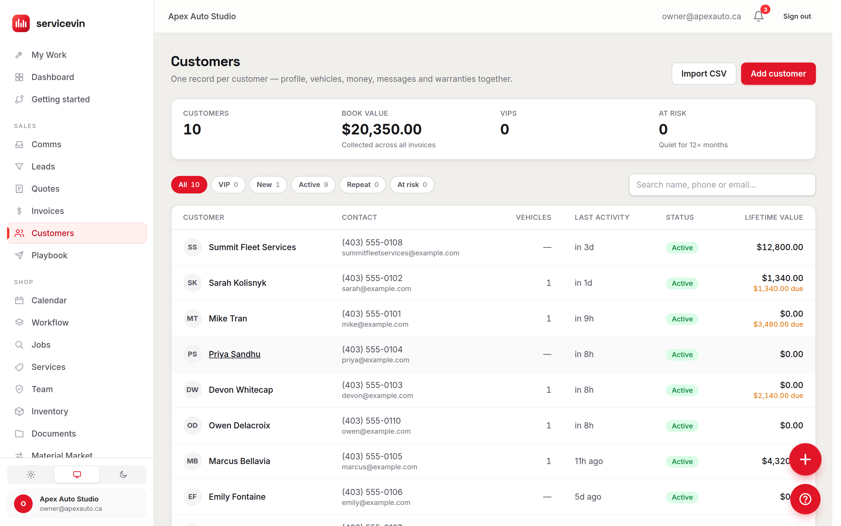 The customer directory, one row per customer with their vehicles and last visit.