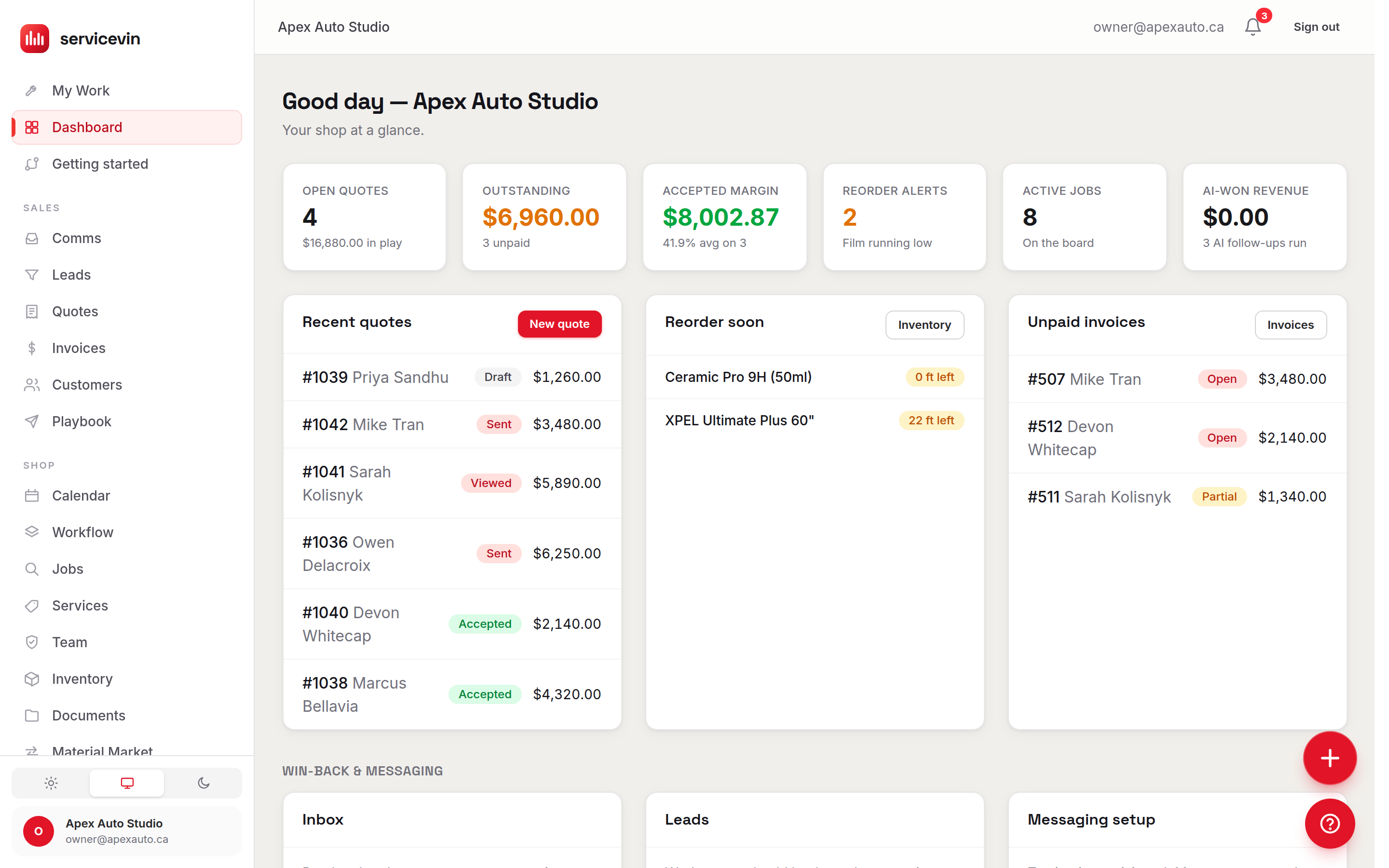 The Service VIN dashboard: today's bays, this month's money, what needs you.
