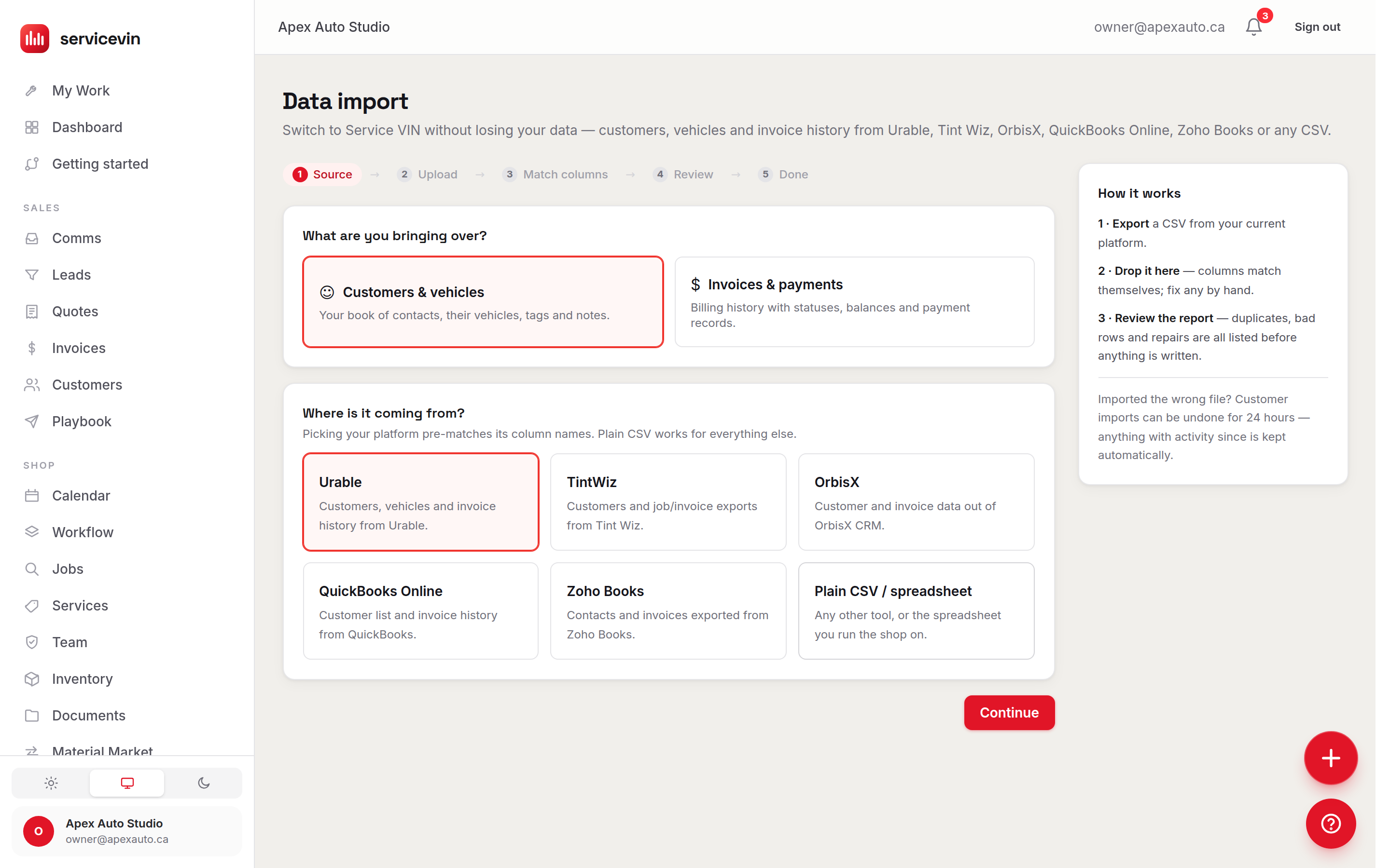 The import screen, mid-way through bringing a spreadsheet of customers across.