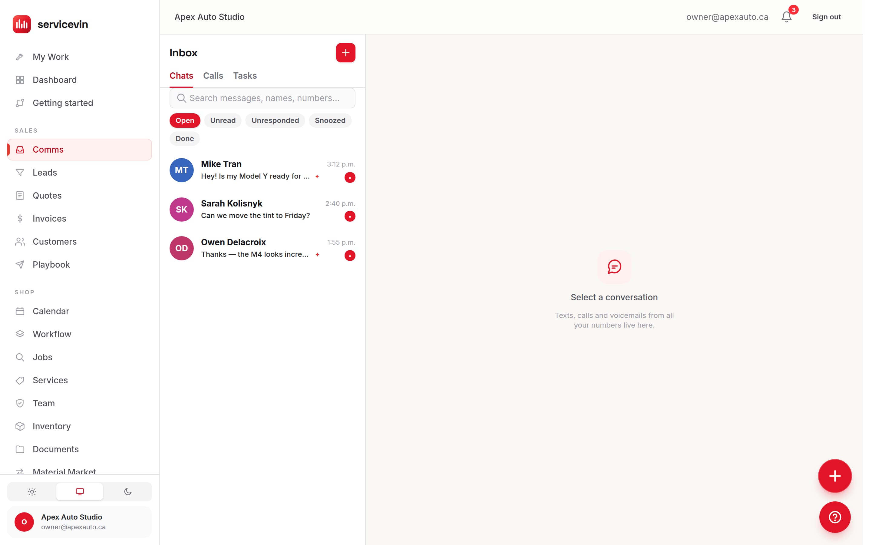 The Service VIN inbox with a customer's texts, calls and quote history threaded on one record.
