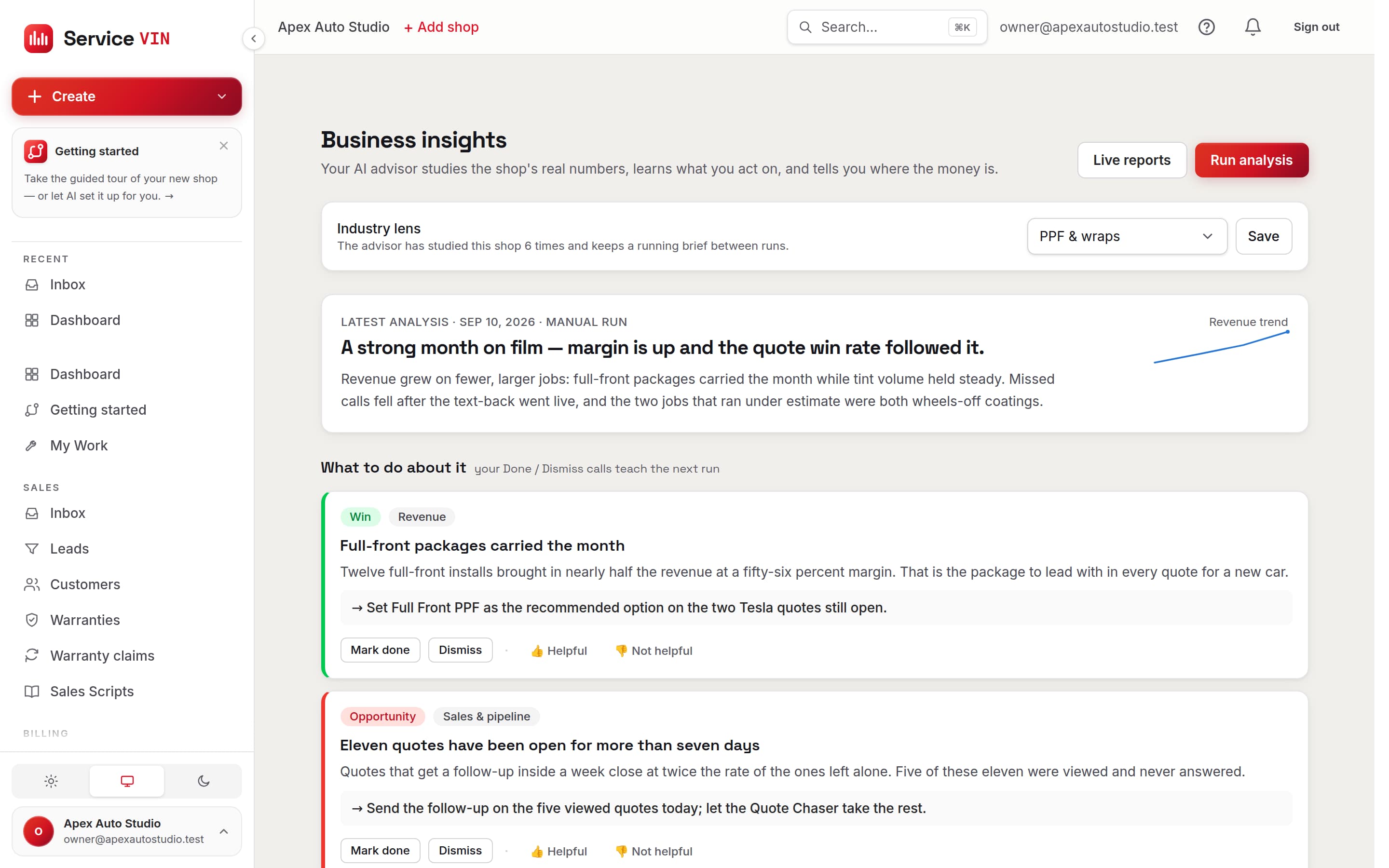The insights screen, with charts of revenue, bookings and lead sources.
