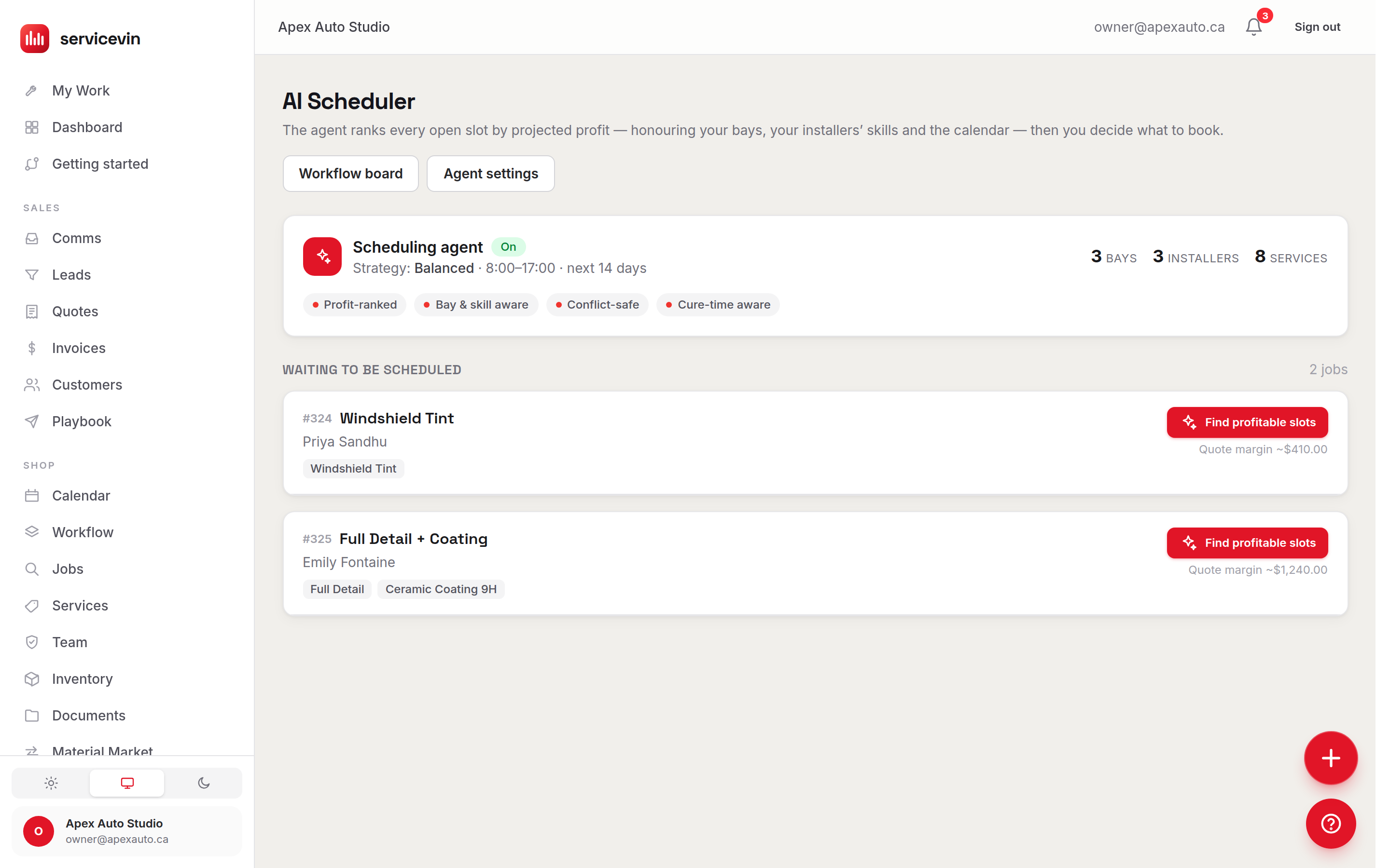The AI Scheduler ranking open slots by projected profit for a mobile detailing business.