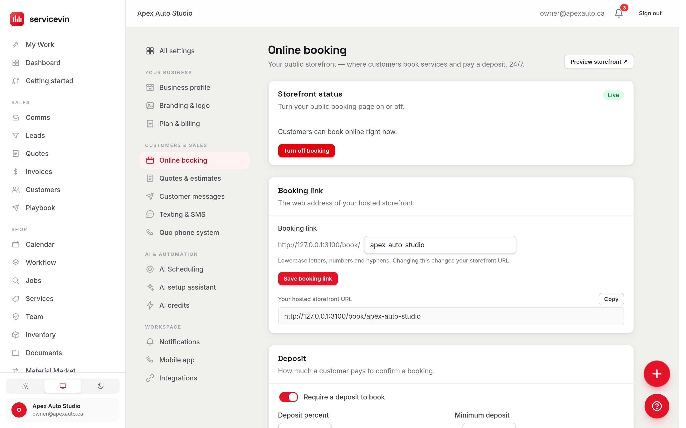 Online booking settings: the storefront's Live switch, the shop's booking link, and the deposit rule customers pay at booking