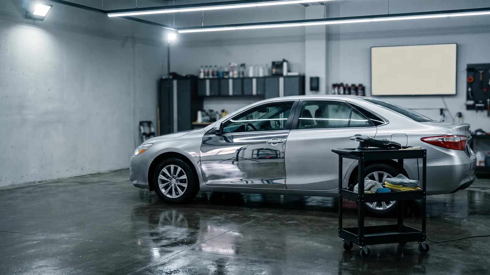An empty detailing studio, a silver sedan with one door polished to a sharp reflection, a polisher on a cart.