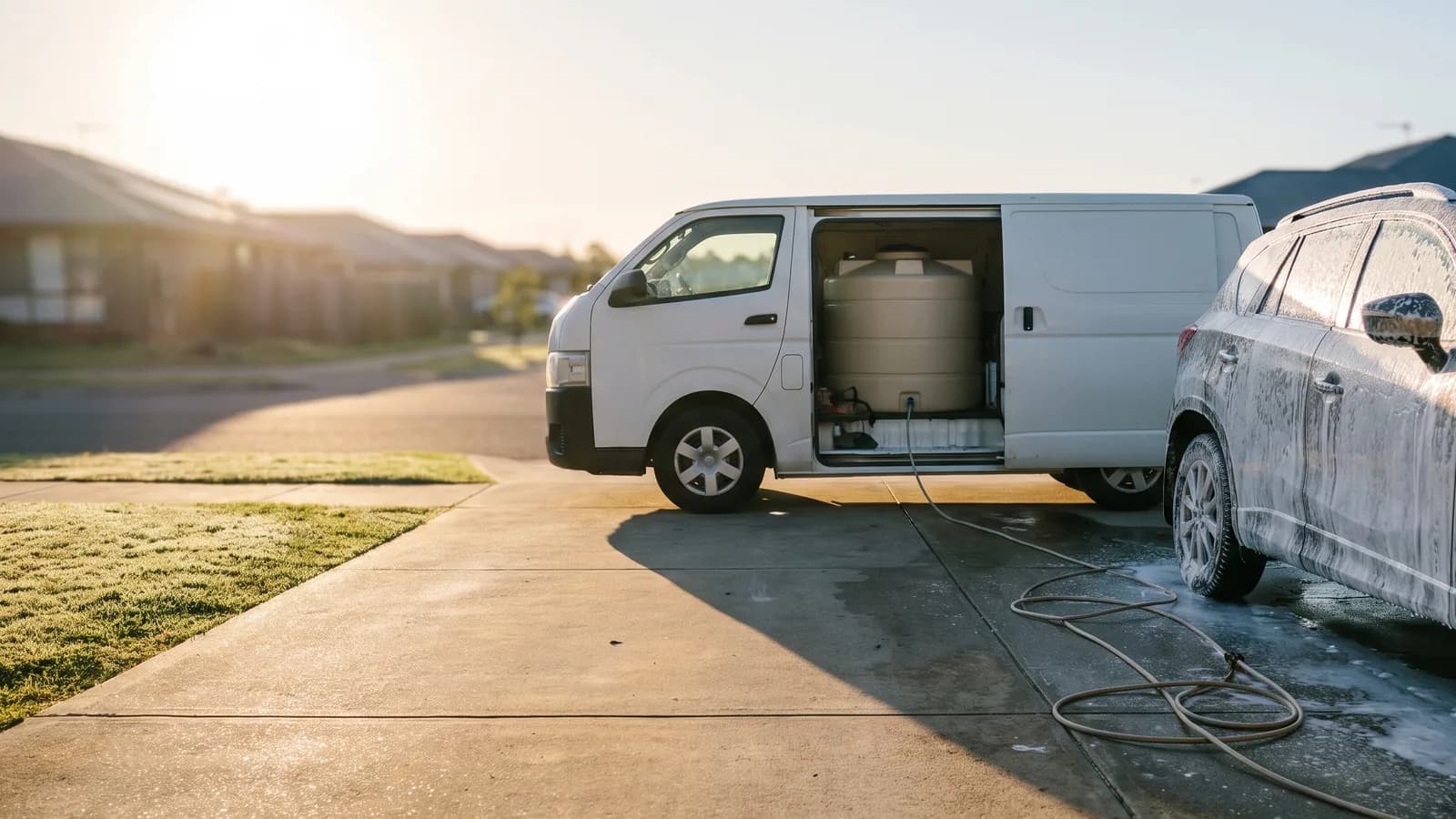 A driveway in low sun, an open white van with a water tank beside a foam-covered SUV, a hose across the concrete.