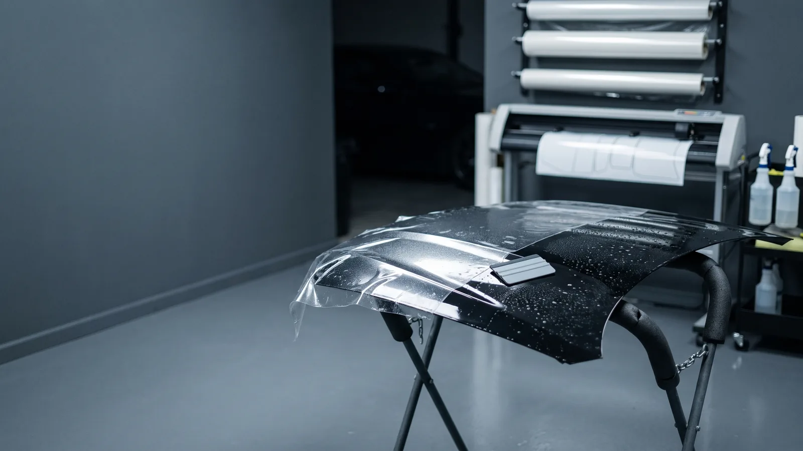 An empty film bay: a loose black bonnet on padded stands, clear film half laid across it, a squeegee resting on top.