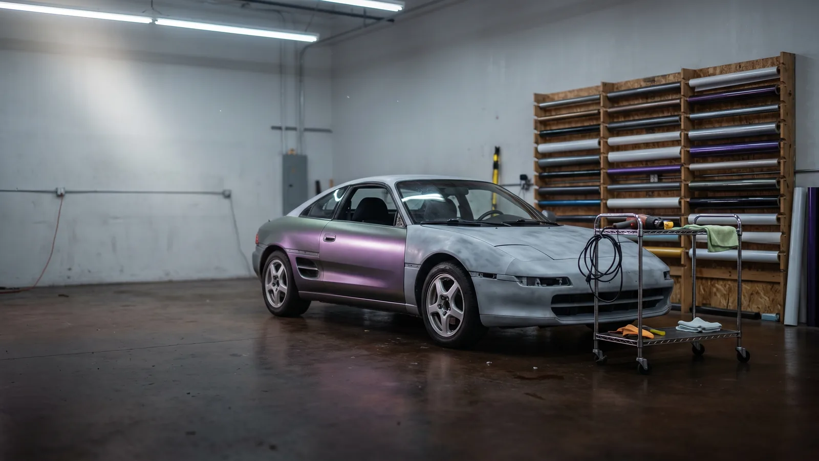 An empty wrap bay, a coupe with one door in satin vinyl and the rest bare, rolls of vinyl racked behind.