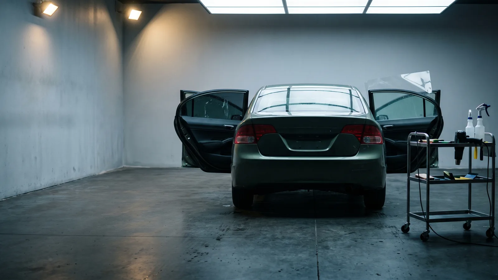 An empty tint bay, a sedan with its rear doors open, one window darkened and one clear, a heat gun on a cart.
