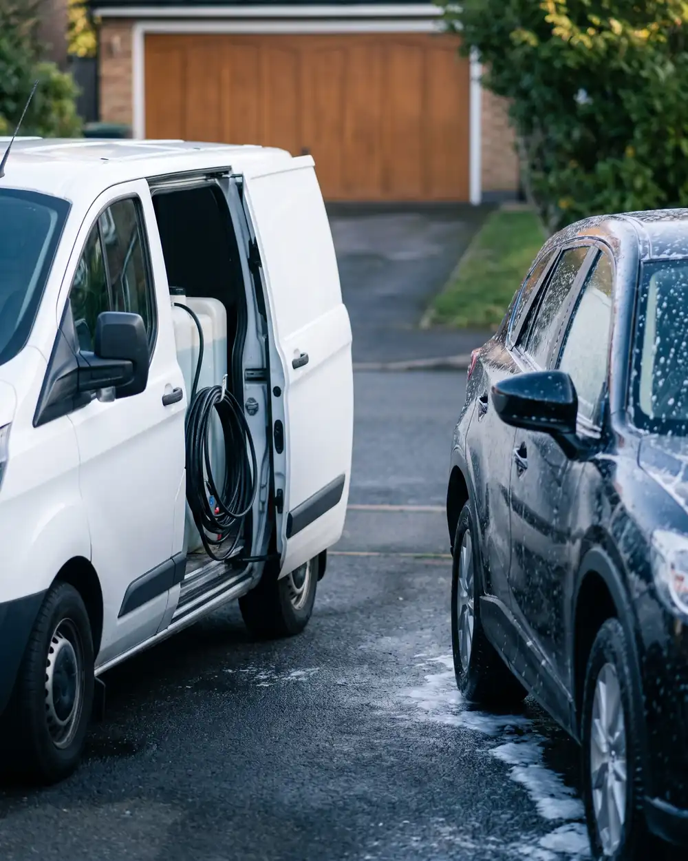 A plain white van on a driveway, its side door open on a water tank, beside a dark SUV half covered in foam.