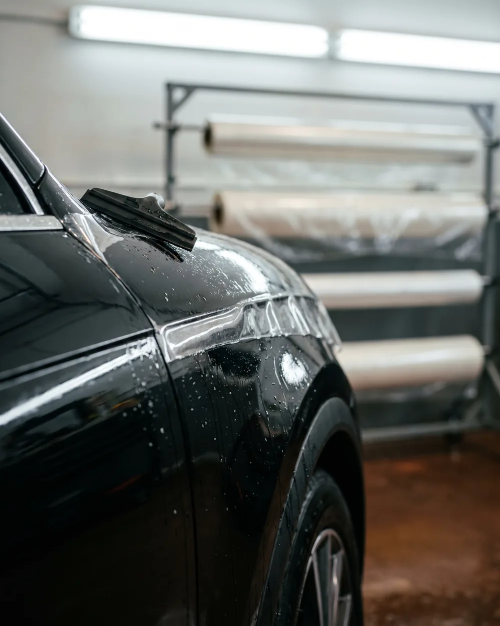 A squeegee resting on a black fender half covered in clear film, slip solution beading on the bare half.