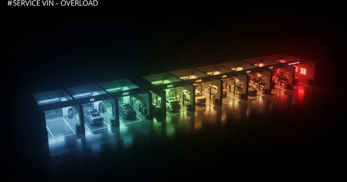 A top-down shop layout with several bays color-coded by how loaded they are, one bay clearly overloaded while another sits idle, in Service VIN.