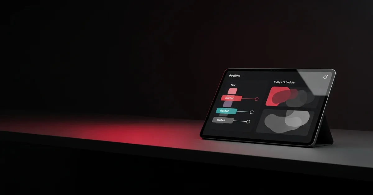 A detailer at a counter tablet reviewing a pipeline of new, quoted, and booked leads beside today's schedule, illustrating how detailing software is compared.