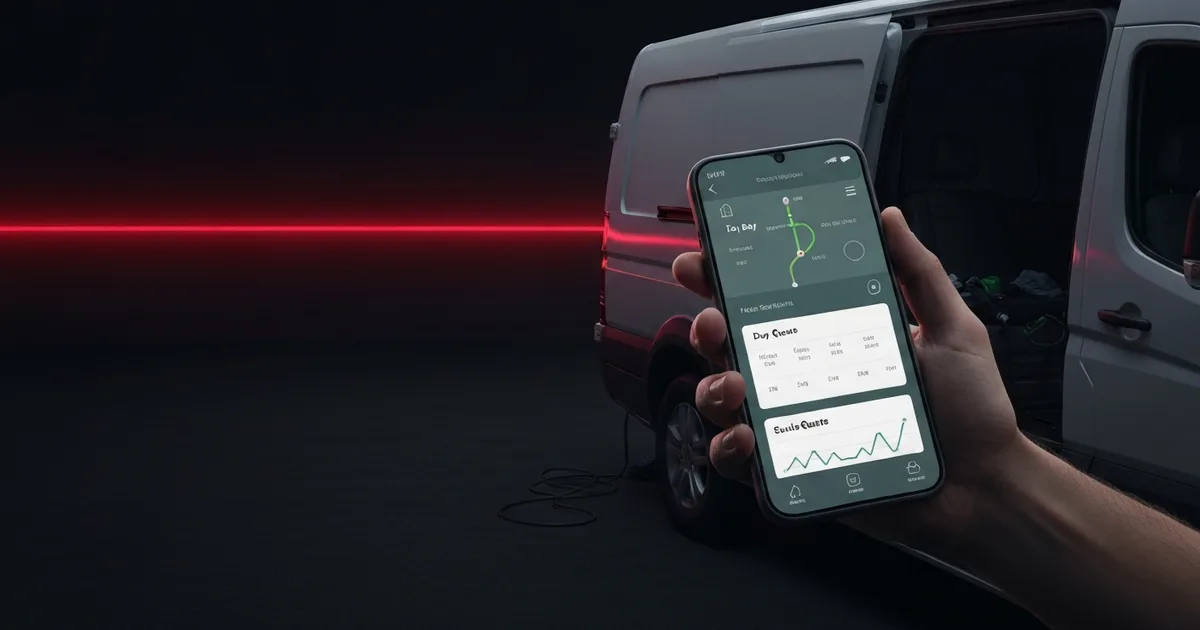 A mobile detailer beside their van holding a phone showing the day's route and an on-site quote while a driveway job is in progress, illustrating how mobile detailing apps are compared.
