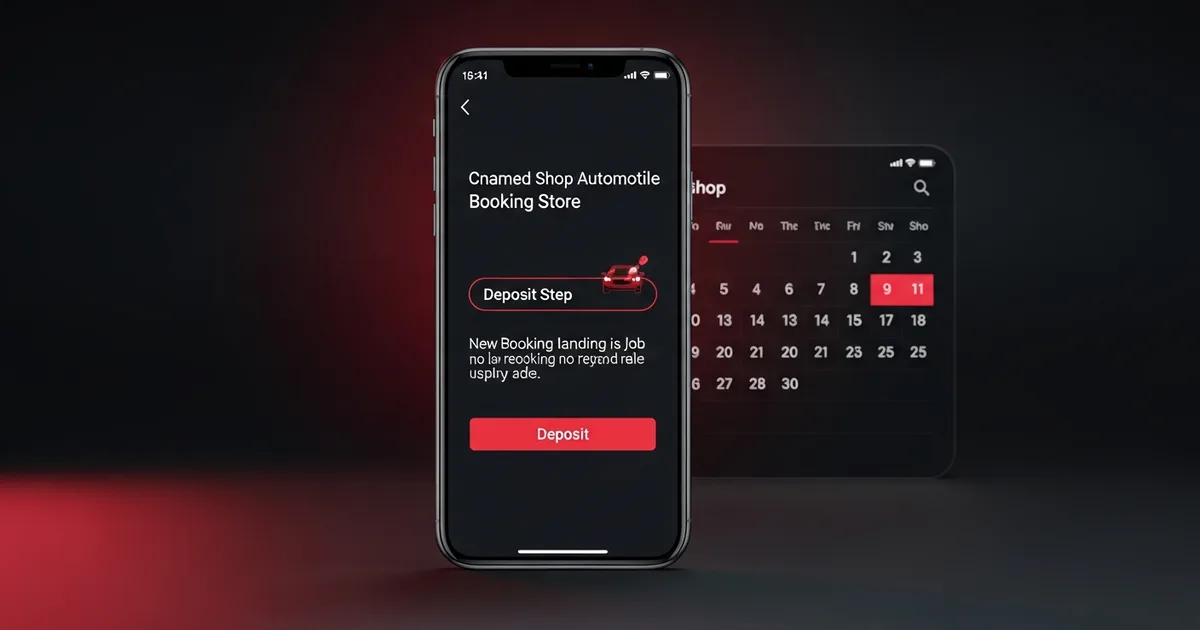 A phone at night showing a branded shop booking storefront with a deposit step, a new booking landing as a job on the shop calendar behind it — 24/7 online booking in Service VIN.