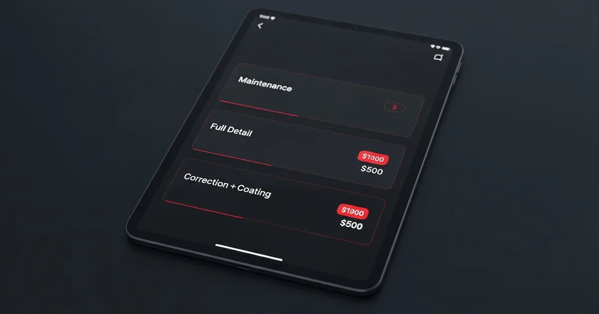 A clean three-tier detailing service menu on a tablet — maintenance, full detail, and correction-plus-coating packages with a red price accent, shown as an illustration.