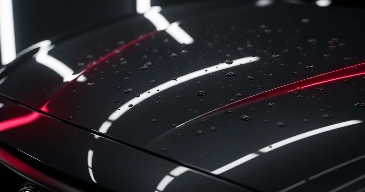 Illustration of a freshly ceramic-coated dark car hood beading water under shop lights, with a brand-red accent, representing a premium coating package.