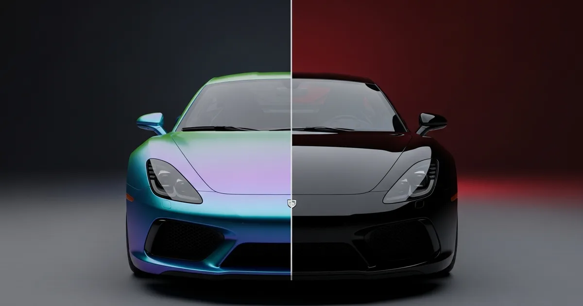 A sports car split down the centerline: one half a satin color-change vinyl wrap, the other half deep gloss paint, under studio lighting.