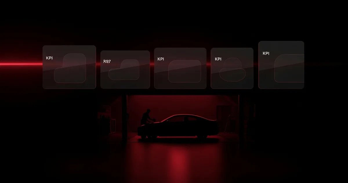 A dark shop-management dashboard with a red accent, showing large KPI tiles above the silhouette of a detailing bay.