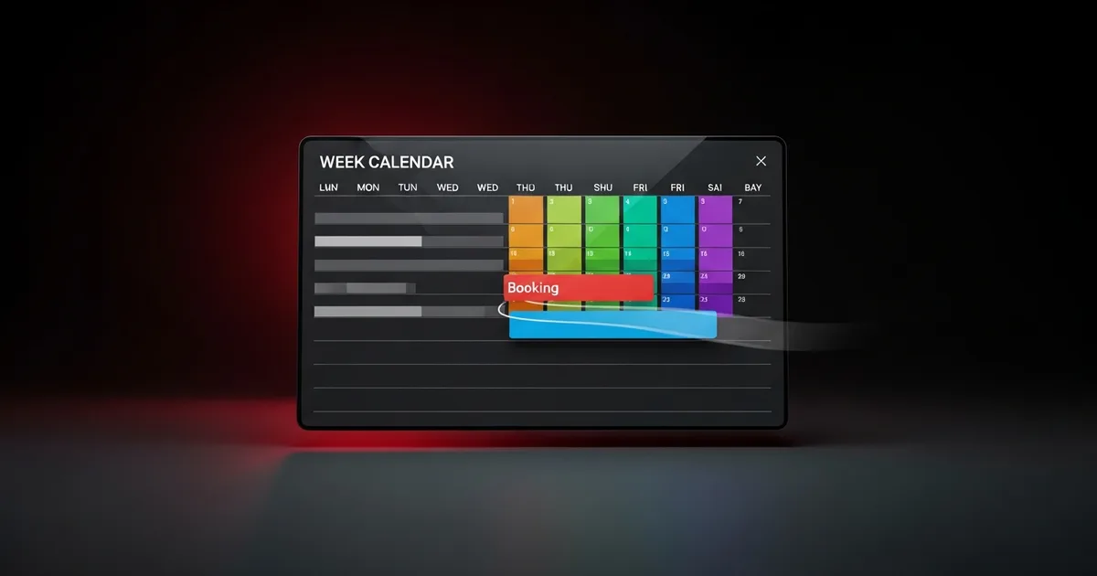 A color-coded week calendar with jobs arranged in separate bay lanes and one booking being dragged to a new slot, in Service VIN.