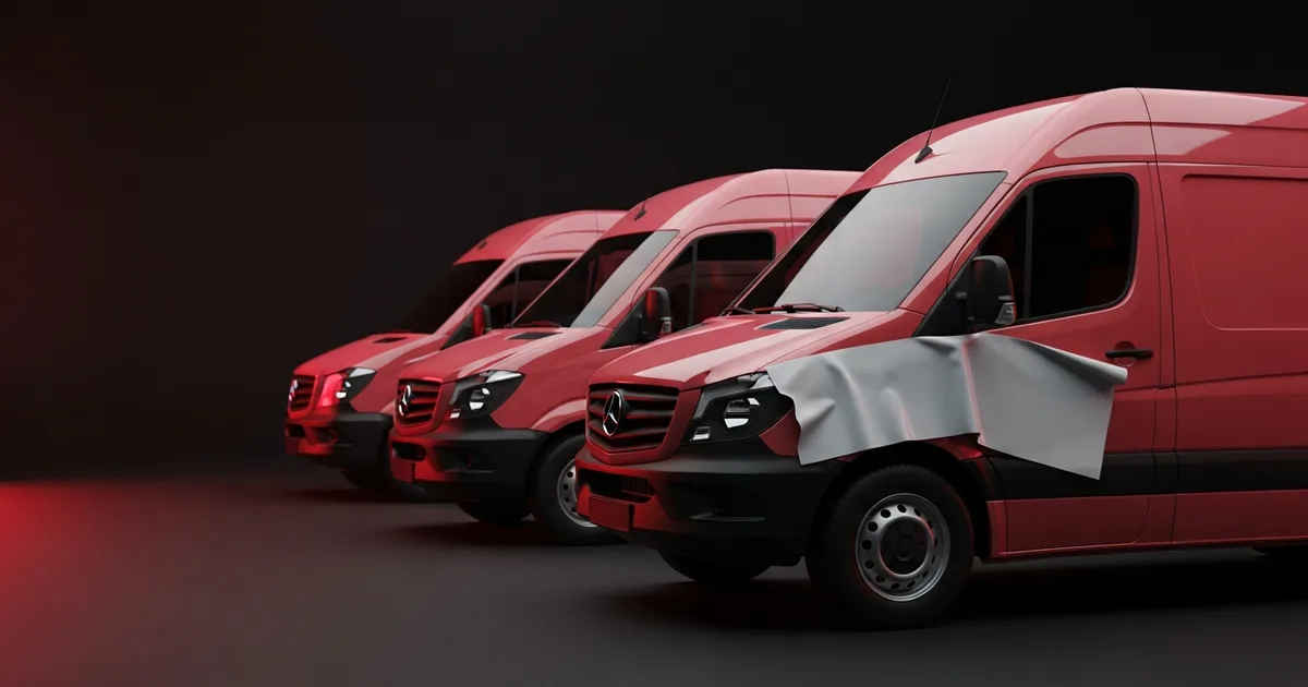 A row of identical cargo vans mid-wrap in a clean shop bay, one panel of vinyl half-squeegeed into place.
