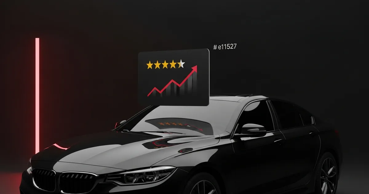 A five-star Google review card rising above a freshly protected car with an upward trend line, in a dark interface with a red accent