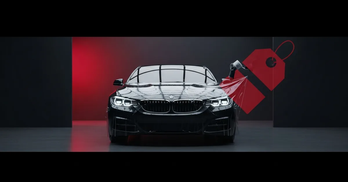 The front end of a car being covered in clear paint protection film in a clean studio bay, with an abstract price-tag motif on a dark background and a red accent.