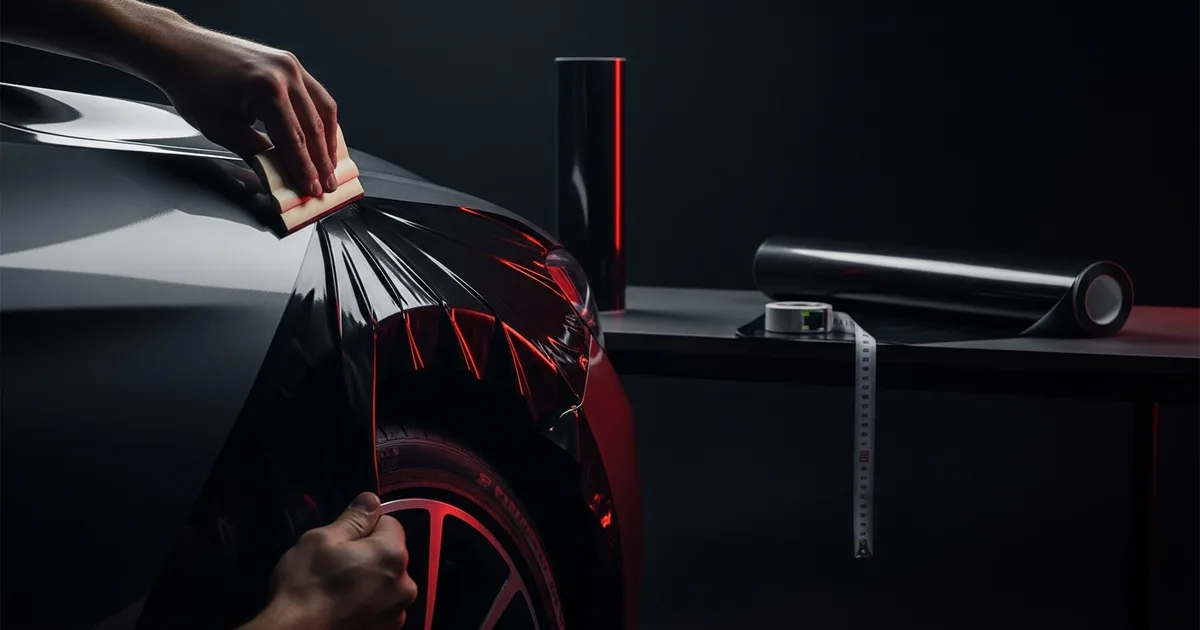 An installer squeegeeing satin wrap film across a curved fender, with a film roll and tape measure in frame — the coverage-and-material starting point of a wrap quote.