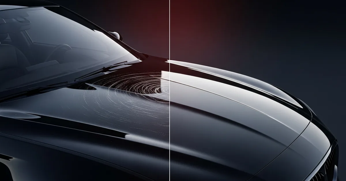 Illustration of a dark car hood in direct sunlight with cobweb swirl marks visible on one half and a clean mirror reflection on the other, showing the difference paint correction makes.
