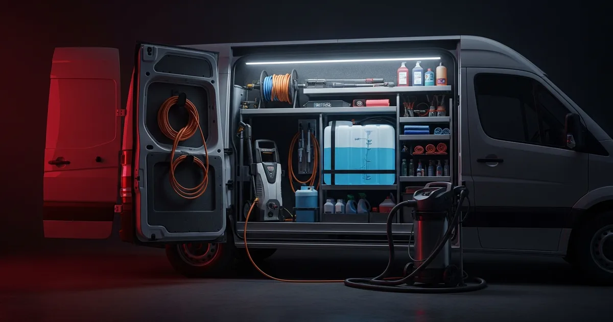 Illustration of a mobile detailing van with its doors open, showing an organized rig with a pressure washer, water tank, and vacuum under daylight.
