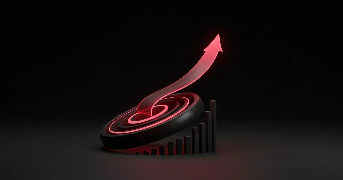 An abstract illustration in a dark palette with a brand-red glow — concentric rings and an ascending curve above a small cluster of bars, evoking a mobile PPF business finding its footing and growing, with no logos or readable text.