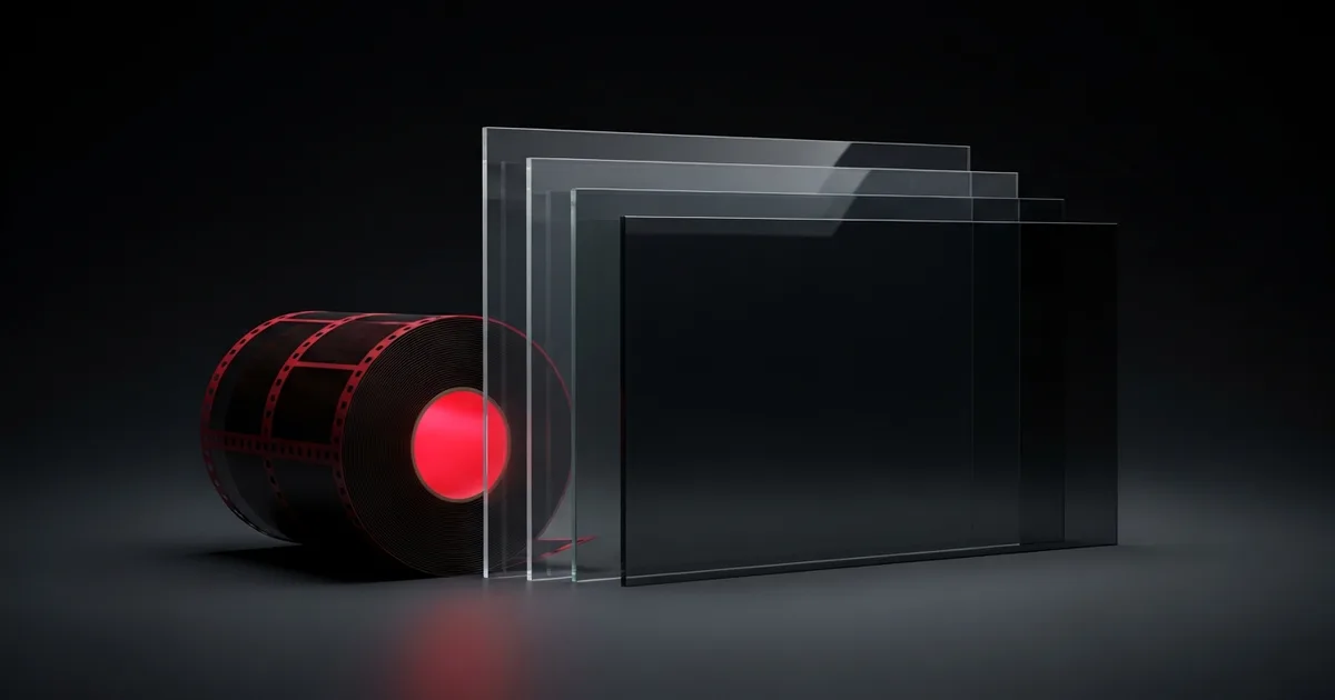 An abstract illustration in a dark palette with a brand-red glow — a rolled stack of film beside layered panes of glass fading from clear to dark, evoking a window tint shop finding its footing, with no logos or readable text.