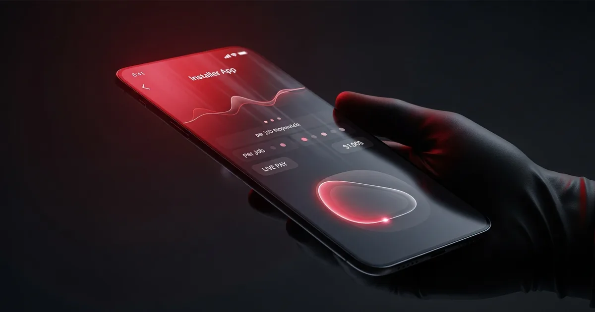 An installer app screen in a gloved hand showing a running per-job stopwatch and a live pay total.
