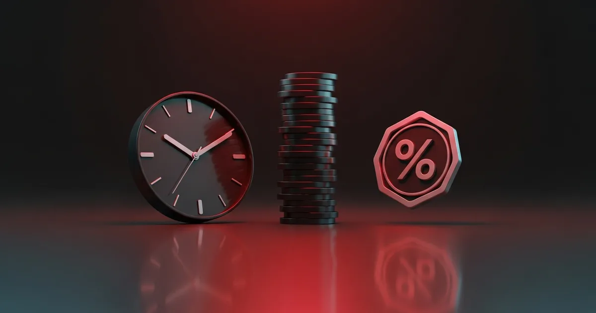 Abstract illustration of a clock, a stack of coins and a percentage badge over a dark automotive backdrop, representing hourly, flat-rate and commission pay models