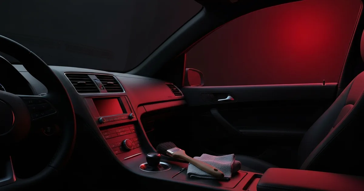 Illustration of a spotless car interior with a clean dash and seats catching soft light, a detailing brush and microfiber resting on the console, with a brand-red accent.
