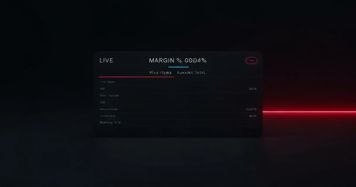 A quote editor with a live margin percentage badge updating as line items and a running total change.