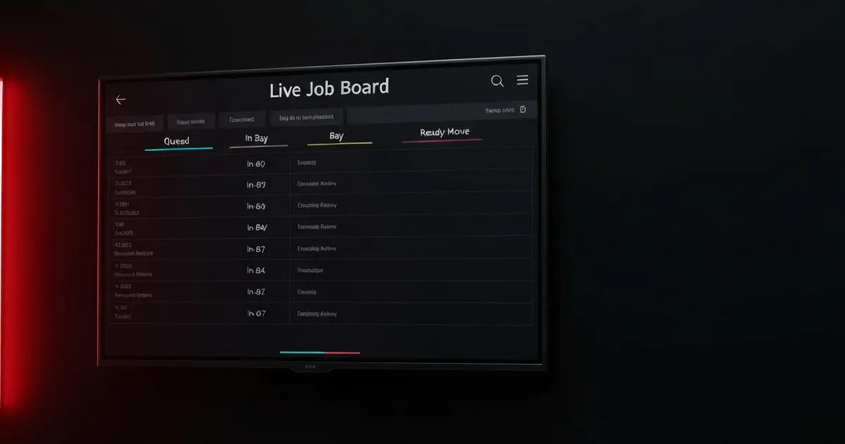 A wall-mounted shop TV showing a live job board with queued, in-bay and ready-to-move columns.