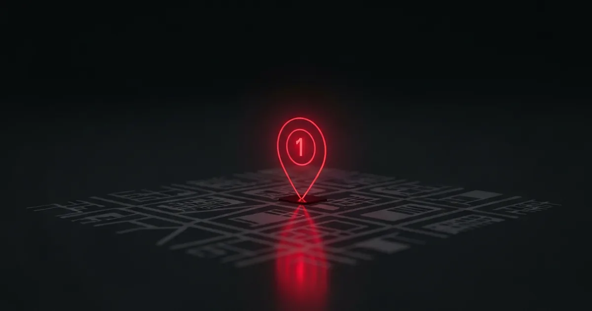 A stylized map pin marking one shop in a brand-red highlight over a dark city street grid, representing the Google map pack.