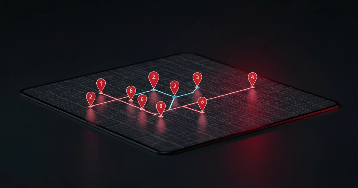 A city map with mobile detailing stops plotted as numbered pins and connected by an efficient route line, in the Service VIN calendar map view.