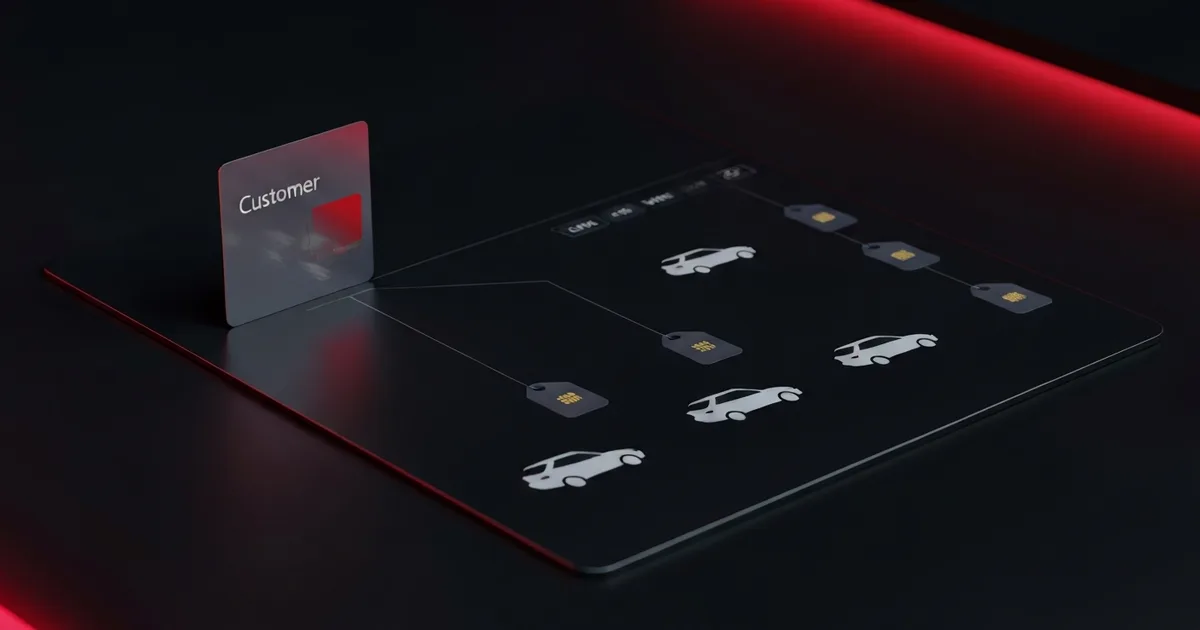 A single customer card branching into several vehicle silhouettes, each tagged with a VIN chip, on a dark shop-software interface.