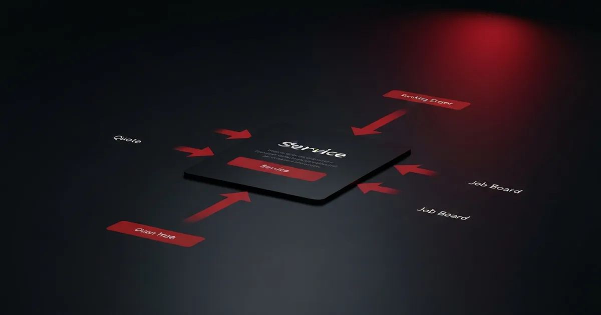 A single service card at the center of a dark shop-software interface, with red-accented arrows flowing out to a quote, an invoice, a job board and a booking storefront.