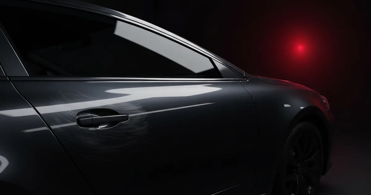 Illustration of a dark car panel under raking shop light, swirl marks visible on one half and a mirror finish on the other, representing the difference paint correction makes.