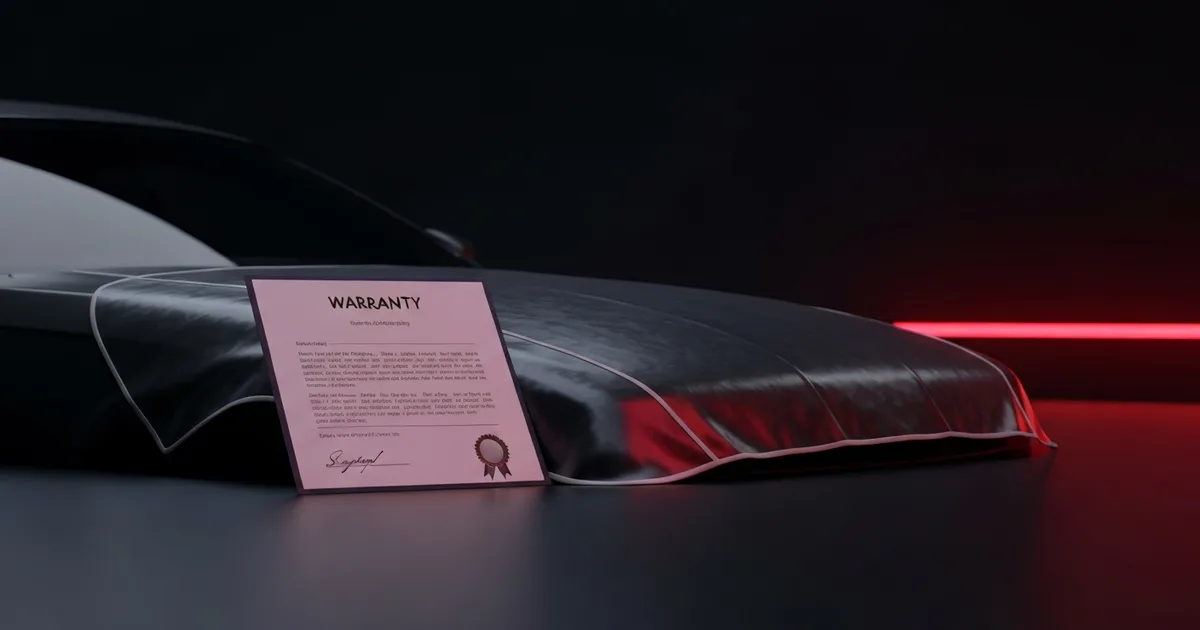 A signed warranty document beside a protected car hood, in a clean dark automotive-office motif with a brand-red accent and no readable text or logos.