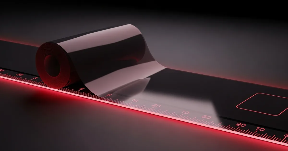 A roll of paint protection film unspooling along a linear-foot ruler that feeds into a live quote total, on a dark shop-software interface with a red accent.