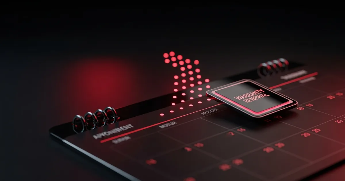 Illustration of a shop calendar with recurring appointment dots rising into an upward line and a warranty renewal chip, representing repeat detailing work booked on a schedule.
