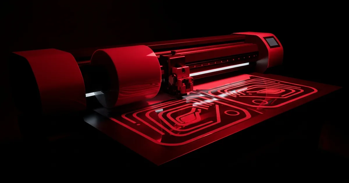 A PPF plotter cutting nested paint protection film patterns on a roll, with the leftover offcuts around the panels highlighted.
