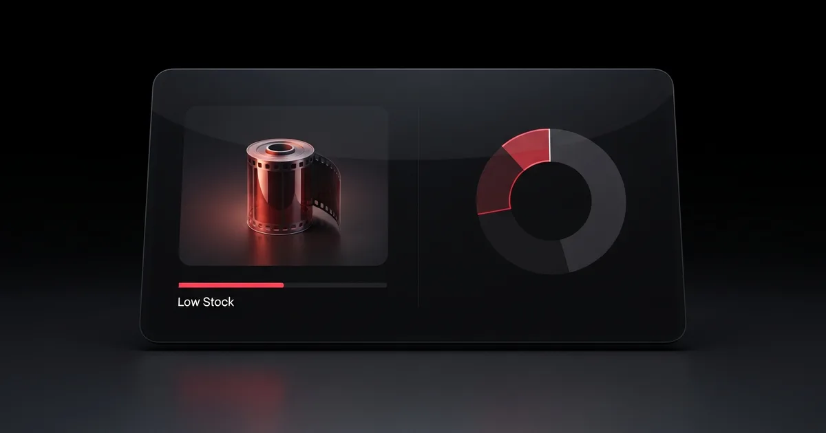 A dark shop-software inventory screen with a film roll flagged low in red beside its reorder point, next to a donut chart splitting a job's cost into film, labor, overhead and waste.