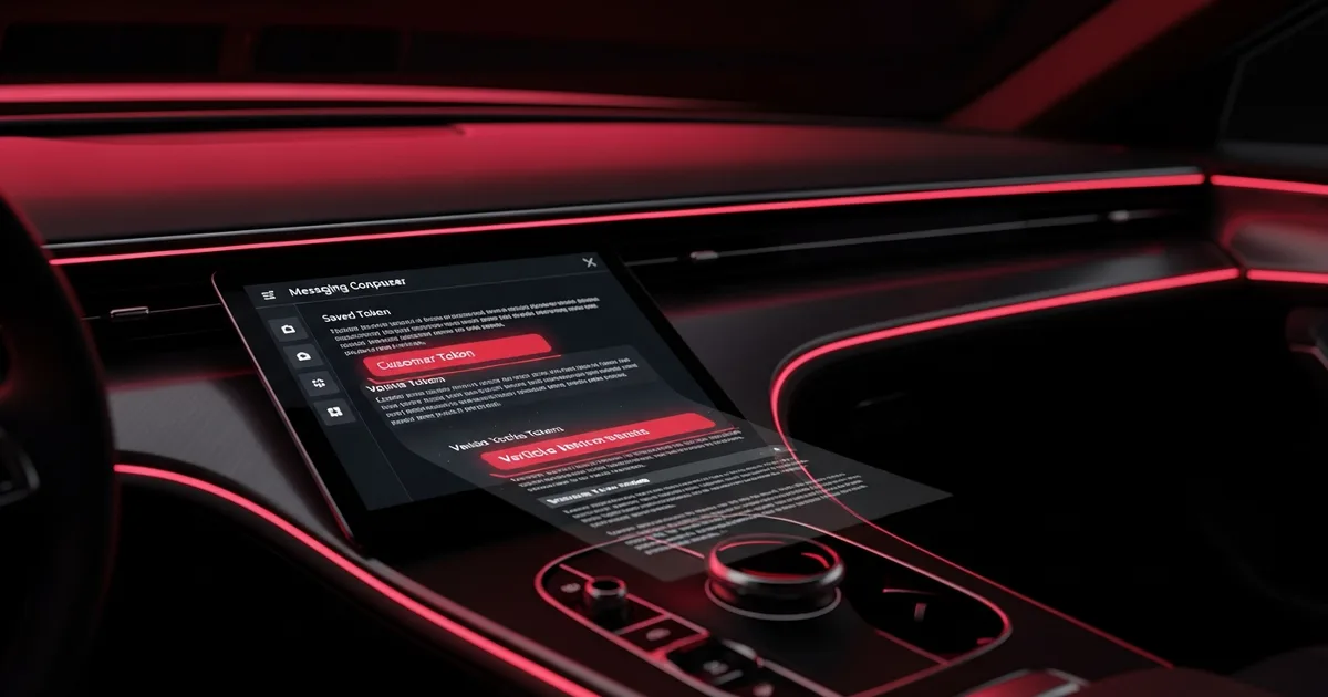 A messaging composer with a saved sales script sliding into place, variable tokens for the customer name and vehicle highlighted before send.