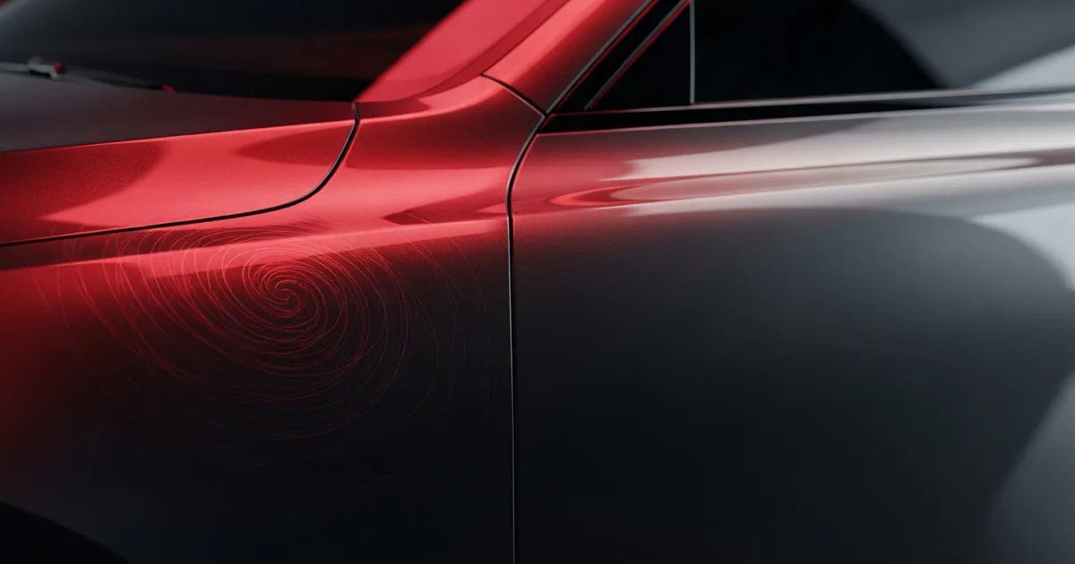 Fine swirl marks on a dark car panel smoothing away under a warm glow, illustrating a self-healing paint protection film topcoat reflowing with heat.